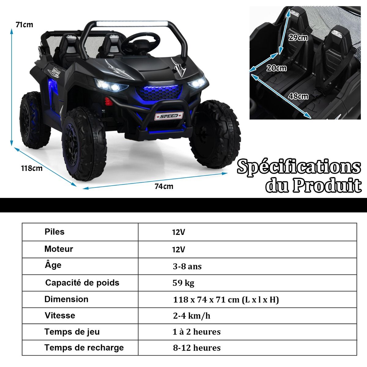 Voiture électrique Enfant 12 V Télécommande pour 3-8 Ans 2 Vitesses Ressort de Suspension Charge 59KG 118x74x71CM Noir/Rose/Rouge -