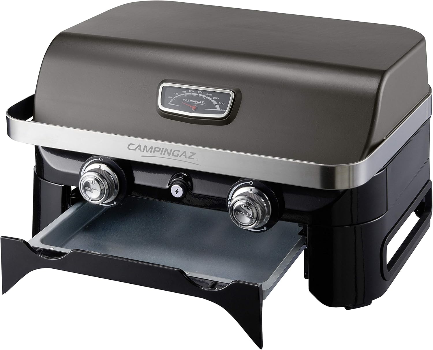 Attitude2go,Barbecue de Table  Faible fume,BBQ Portable, Couvercle,thermomtre,et Grille en Fonte,Alimentation : Cartouche de gaz CV 470 Plus,Gris