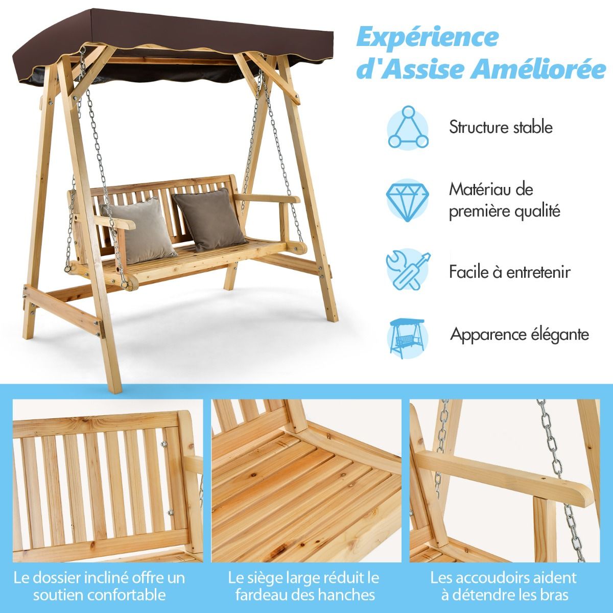 Balancelle de Jardin 2 Places en Bois avec Toit Inclinable Imperméable Chaîne Métallique Réglable Charge 240KG Cadre en A pour Jardin Véranda Cour -
