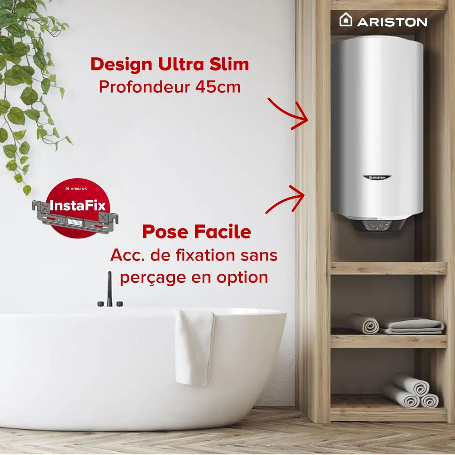 Ariston PRO1 ECO 80L - Chauffe-eau Electrique Vertical Mural Ø450 mm - Intelligent Fonction ECO - Classe B - Conçu et fabriqué pour être installé en France