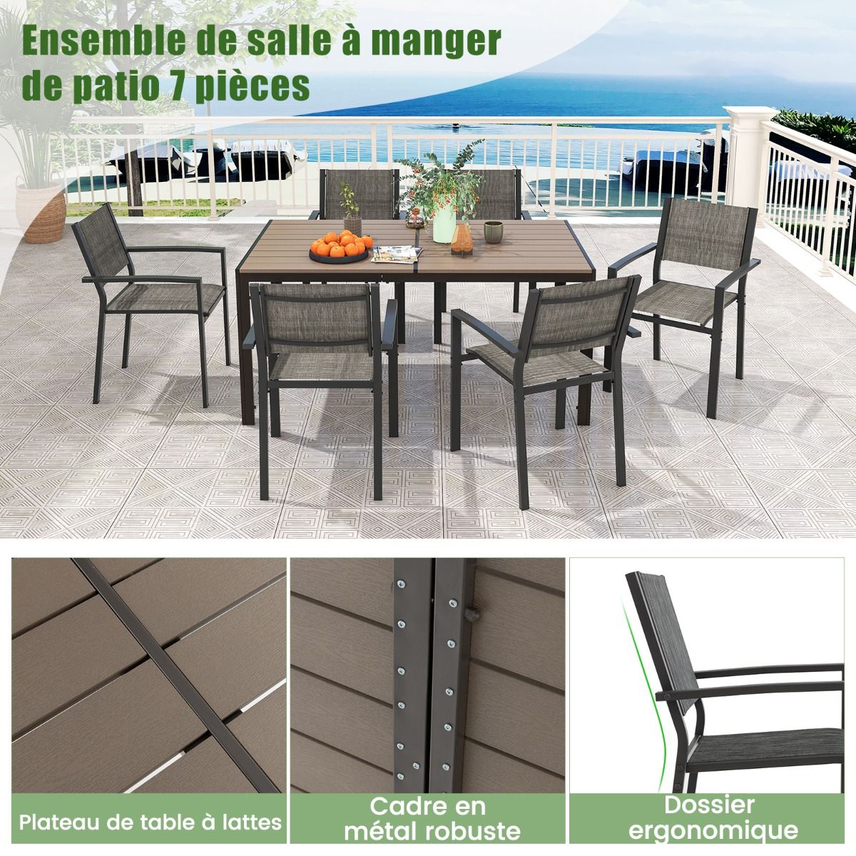 Ensemble de Meubles de Patio 7 Pices pour 6 Personnes Salon de Jardin avec 6 Chaises Empilables et Table Rectangulaire Gris -