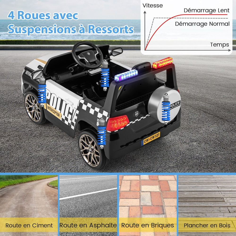 Voiture de Police Electrique Alimentée par Batterie 12 V/7 A Télécommande Connexion Sans Fil Musique Klaxon Sirène Lumières LED Blanc -