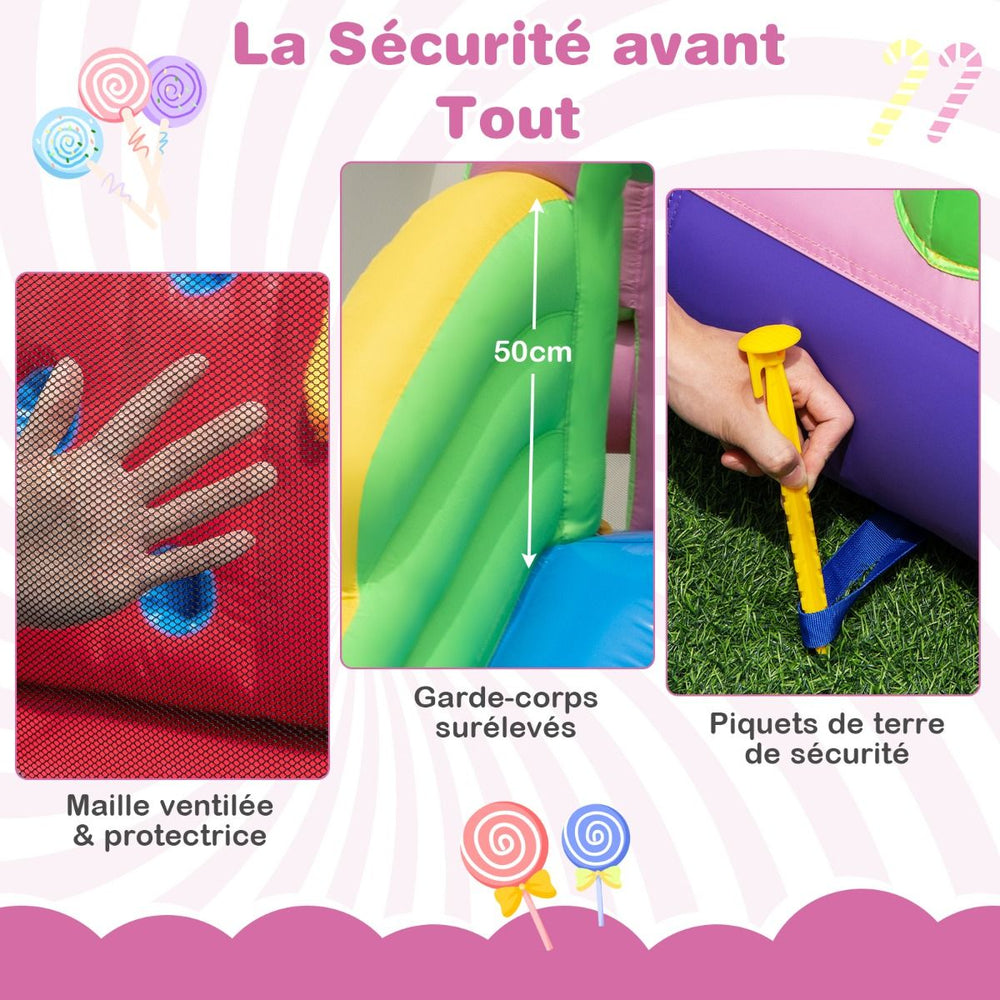 9 en 1 Ch芒teau Gonflable en Forme Bonbons avec Toboggan Maison de Saut Gonflable avec Pistolet  Eau Charge 90kg pour 2 Enfants de 3-10 Ans -