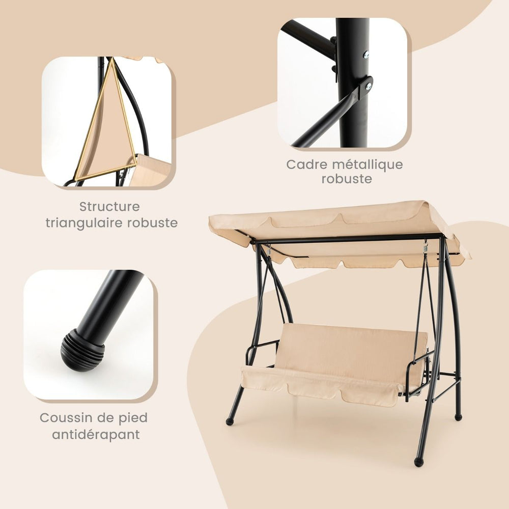 Balancelle d'Extérieur Convertible 2 Places avec Lit Plat Hamac de Terrasse avec Auvent Réglable et Coussin Amovible Pour Jardin -