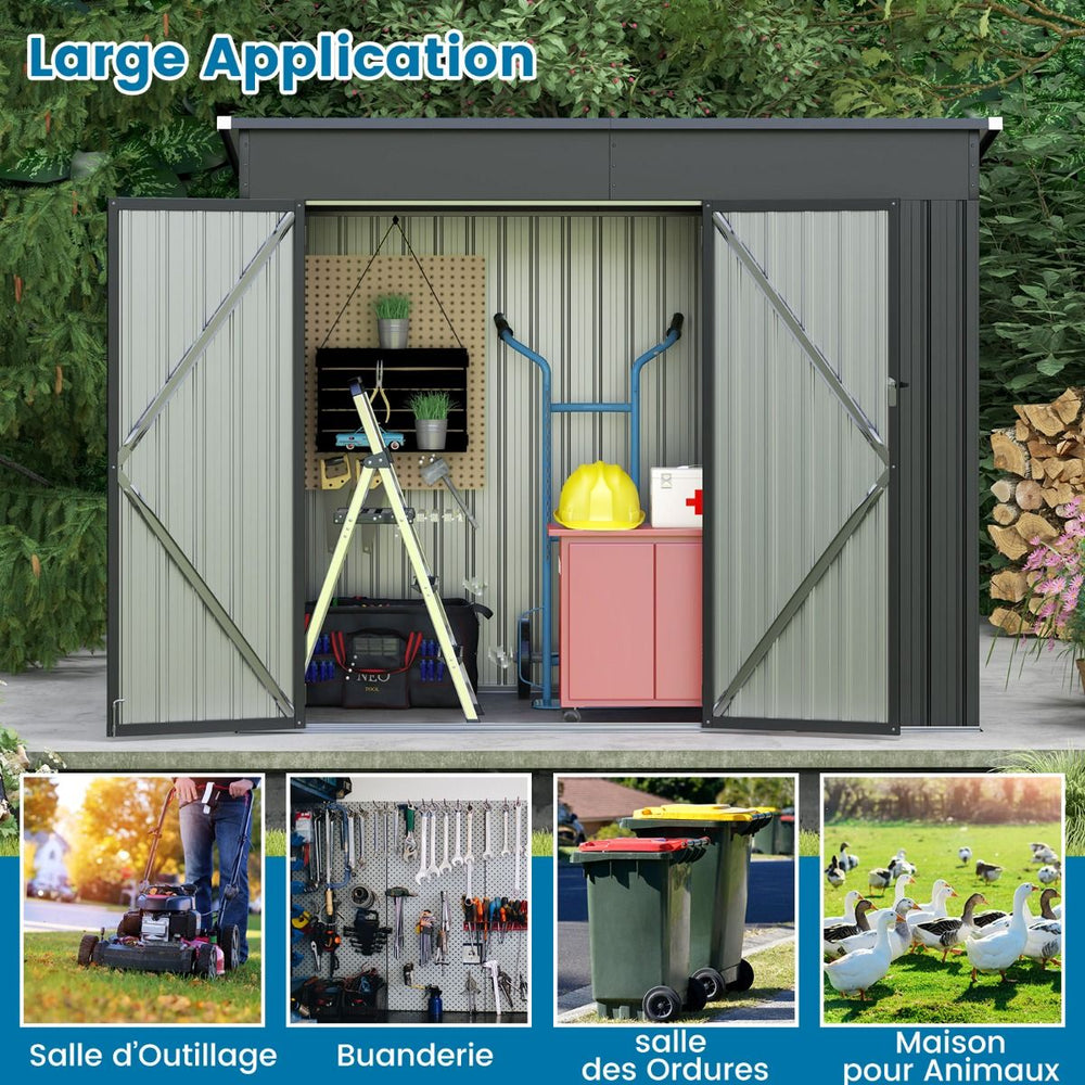 Abri de Jardin Extrieur Abri  Outils de Jardin avec 2 Portes Design Inclin Arations Cadre en Mtal Galvanis 235x117x185cm Gris Fonc -