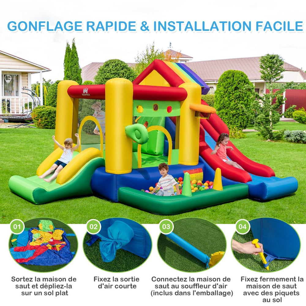 Château Gonflable à Thème Arc-en-ciel 7 en 1 avec Ventilateur Double Toboggans Piscine à Balles Panier de Basket Charge 90kg -
