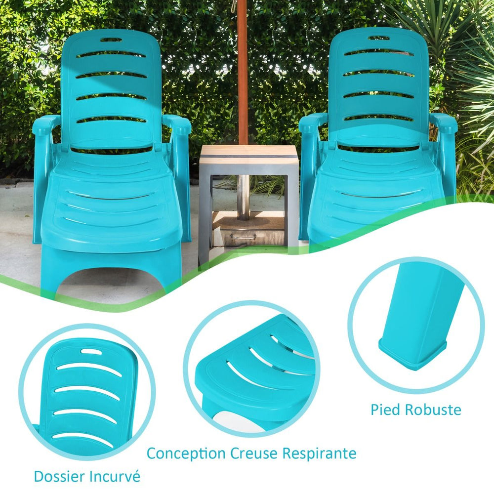 Chaise Longue Pliable Dossier Inclinable à 5 Positions avec Roues Intégrées pour Terrasse Jardin Piscine 150 kg Gris/Blanc/Bleu -