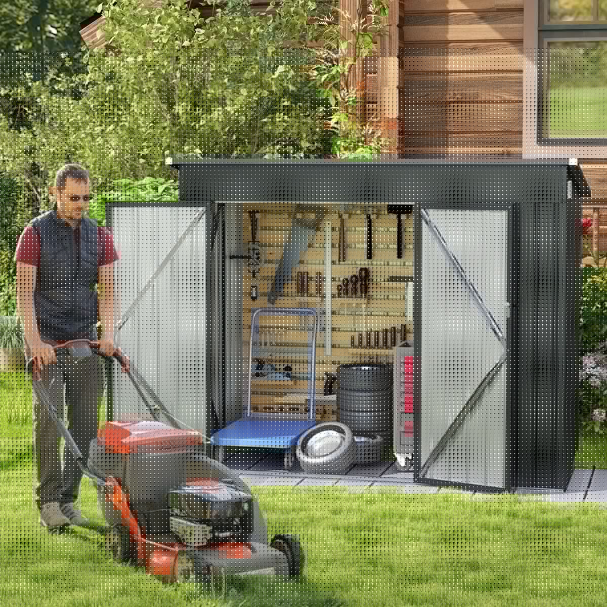 Abri de Jardin Extrieur Abri  Outils de Jardin avec 2 Portes Design Inclin Arations Cadre en Mtal Galvanis 235x117x185cm Gris Fonc -