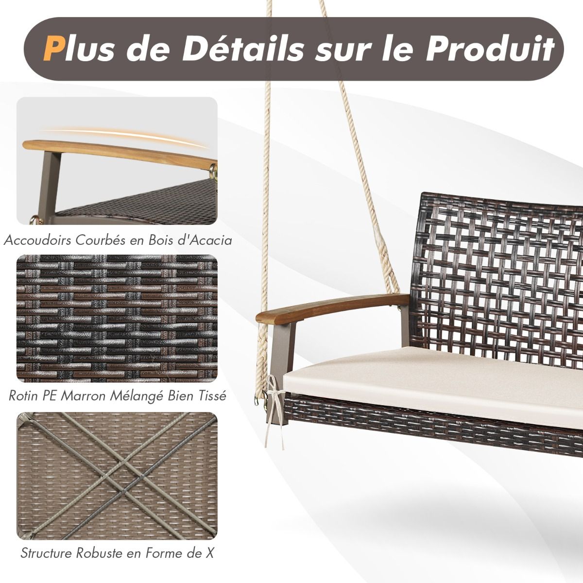 Banc Suspendu de Jardin en Rotin 2 Place Accoudoirs en Bois d'Acacia Cadre en Mtal Coussin Cordes Crochets Blanc/Noir -