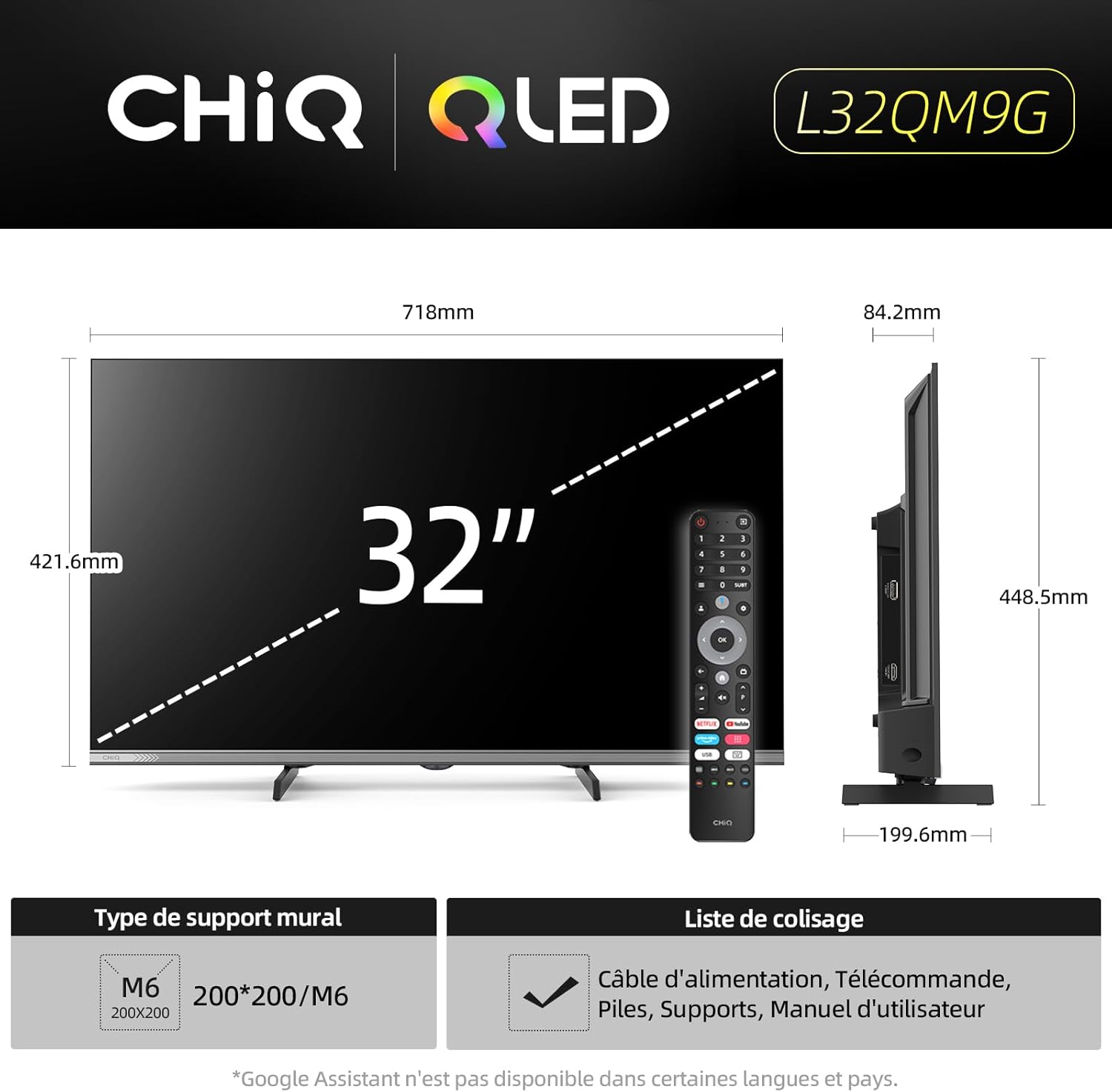 CHIQ L32QM9G 32 Pouces (80 cm) FHD Smart Téléviseur QLED HDR10 Google TV Google Assistant Tuner Triple Dolby Audio DBX-TV Chromecast intégré HDMI USB sans Cadre en Métal Noir