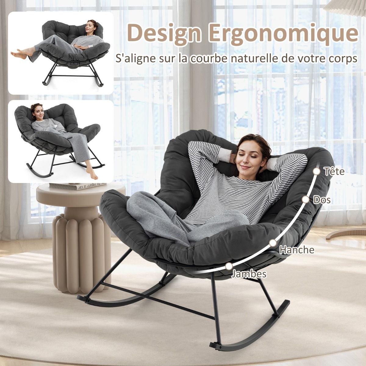 Chaise  Bascule d'Intrieur et d'Extrieur Chaise Papasan Surdimensionne avec Coussin Rembourr & Cadre en Mtal Capacit 205 Kg Gris -