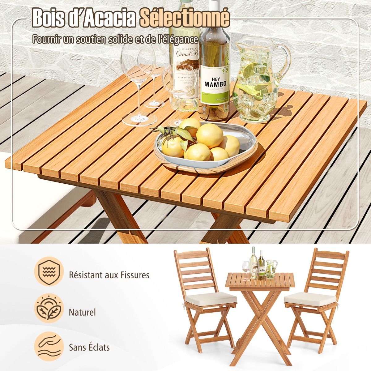 Ensemble Bistrot d'Extrieur en Bois d'Acacia Ensemble de Chaises Pliantes et Table Coussins de Sige Sans Accoudoirs  Dossier Haut Blanc -