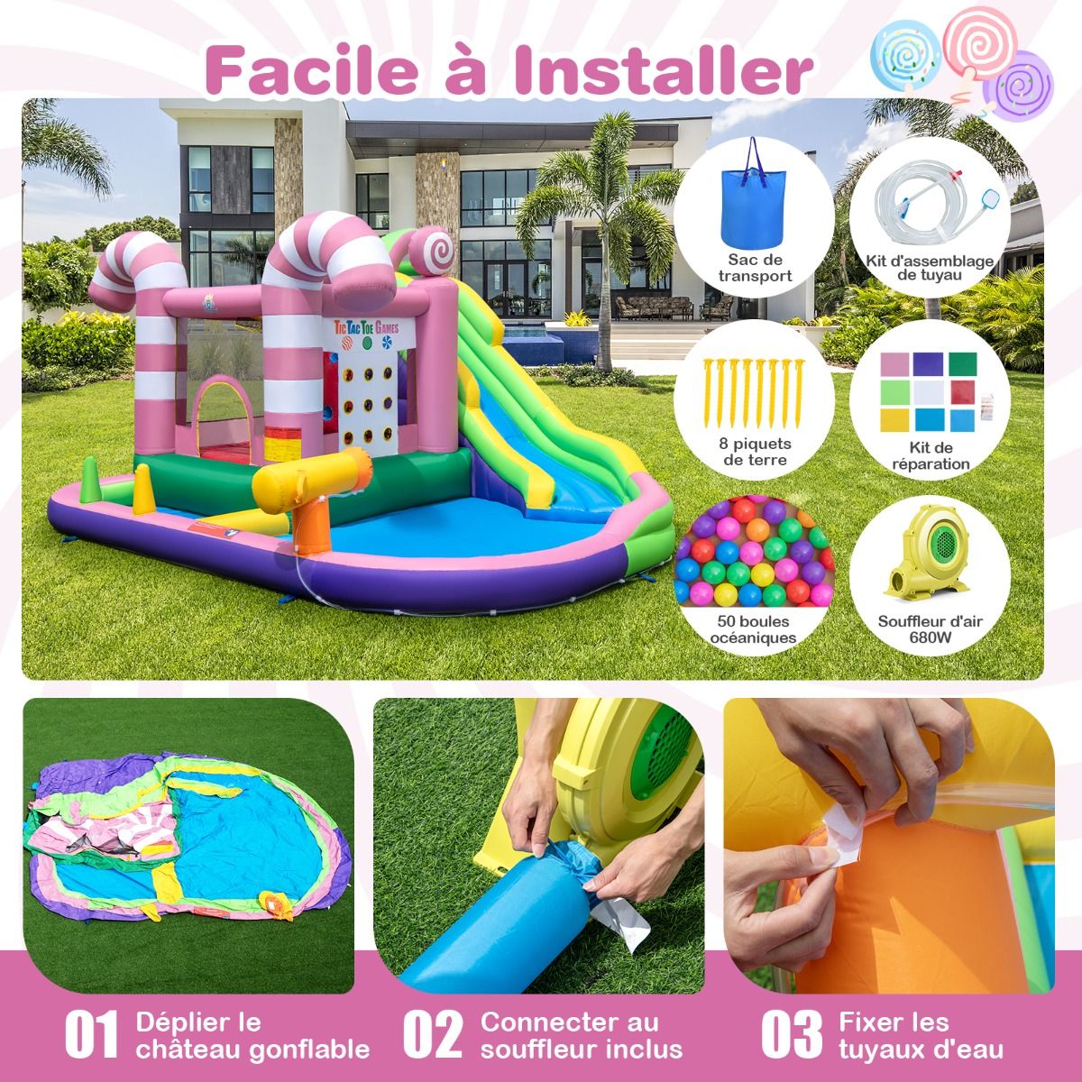9 en 1 Ch芒teau Gonflable en Forme Bonbons avec Toboggan Maison de Saut Gonflable avec Pistolet  Eau Charge 90kg pour 2 Enfants de 3-10 Ans -