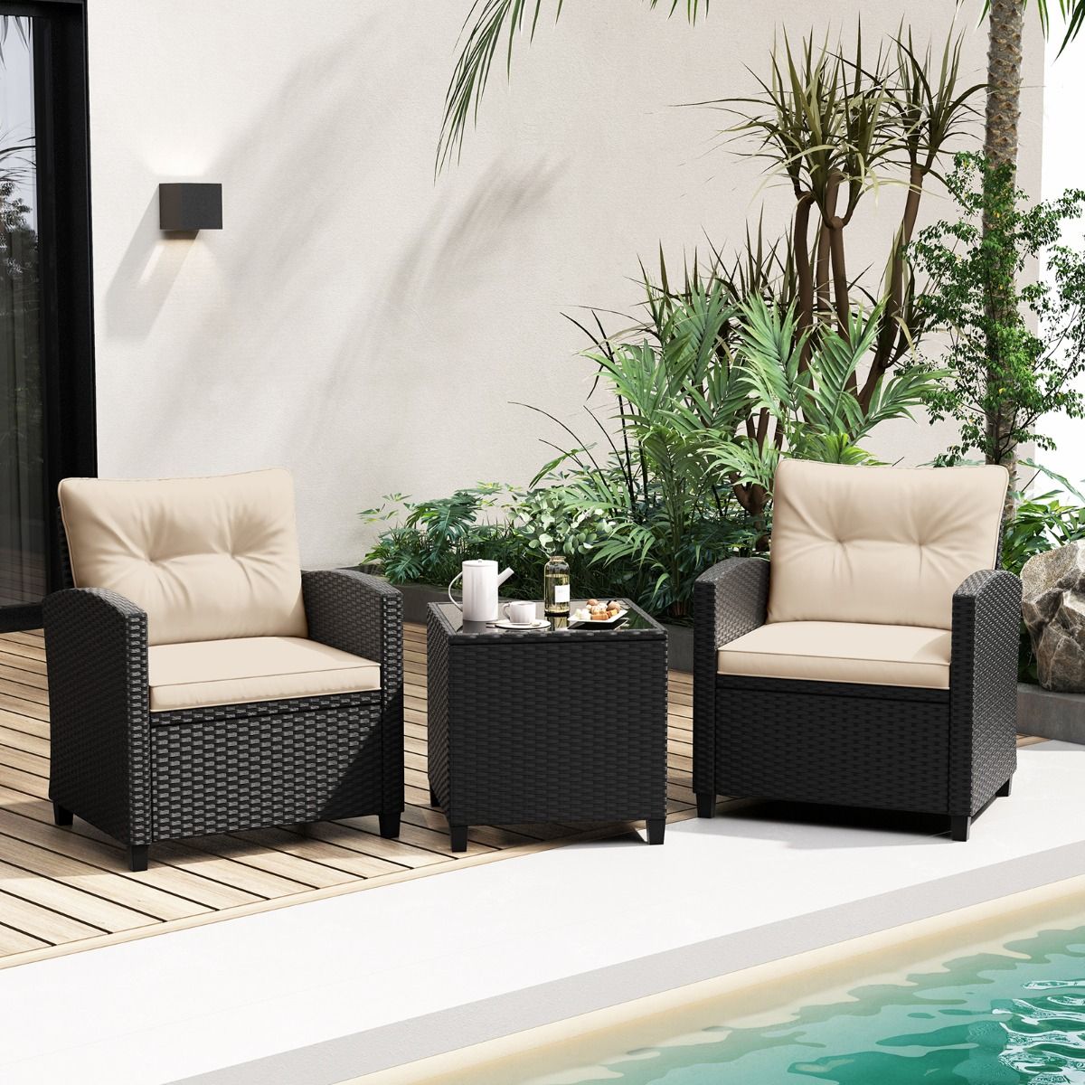 Ensemble de Meubles 3 Pices de Patio en Rotin Charge 180KG Salon de Jardin 2 Fauteuils Table Basse avec Plateau Noir/Beige/Blanc -