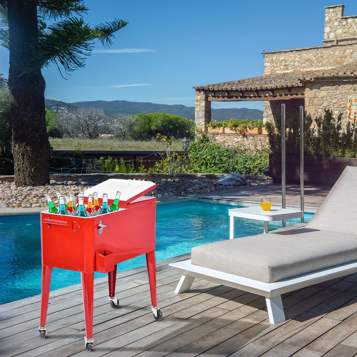 Chariot Isotherme Roulant de 76L Rfrigrant avec Roulettes Universelles Ouvre-bouteille Desserte Jardin pour Conserver Glace et Boissons -