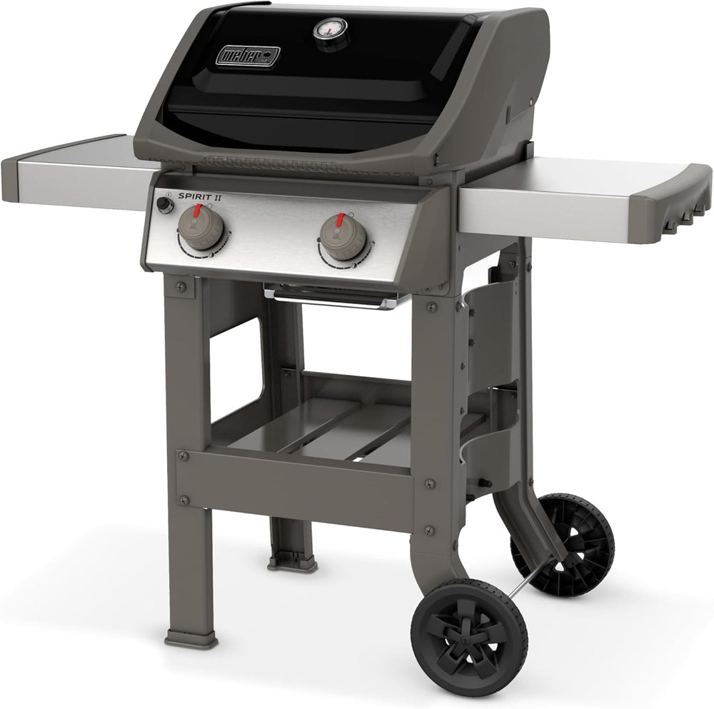 Spirit II E-210 GBS Barbecue à Gaz,2 Brûleurs,Surface de Cuisson 51 x 46 cm,Thermomètre de Couvercle,Table d'Appoint Rabattable (Gauche),4 Roues - Noir et Argent (44010153)