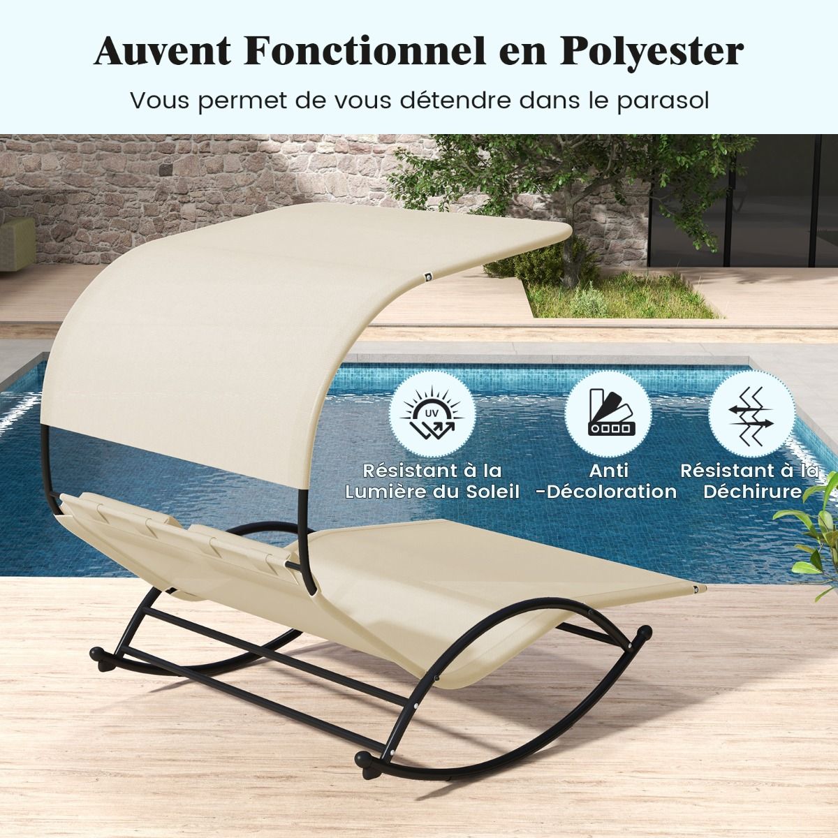Chaise Longue Double Chaise à Bascule pour 2 Personnes 2 Appui-Têtes Amovibles Cadre en Métal Robuste Lit de Repos Ergonomique 2 Places Gris/Noir/Beige -