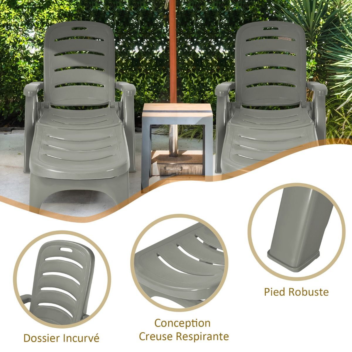 Chaise Longue Pliable Dossier Inclinable  5 Positions avec Roues Intgres pour Terrasse Jardin Piscine 150 kg Gris/Blanc/Bleu -