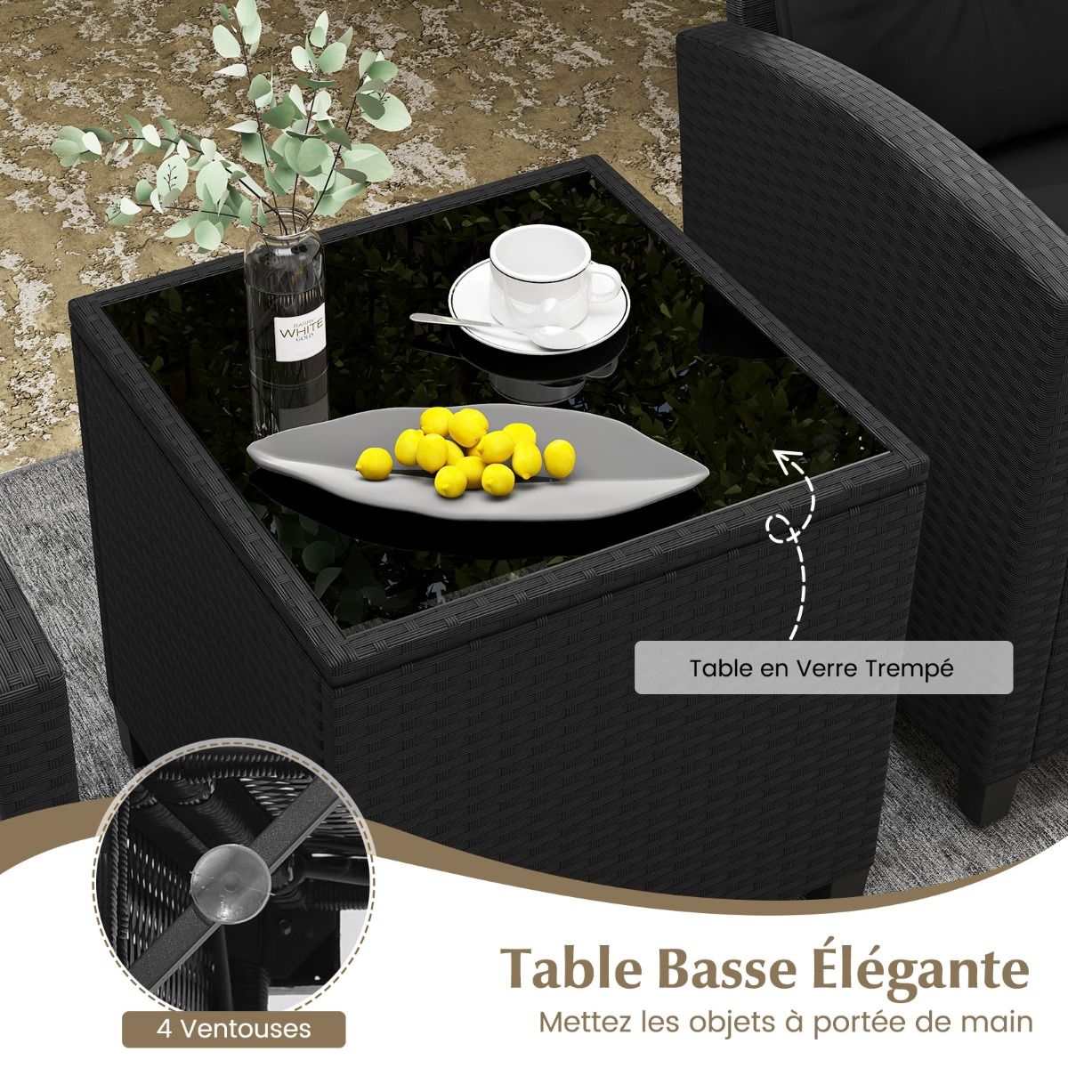Ensemble de Meubles 3 Pices de Patio en Rotin Charge 180KG Salon de Jardin 2 Fauteuils Table Basse avec Plateau Noir/Beige/Blanc -