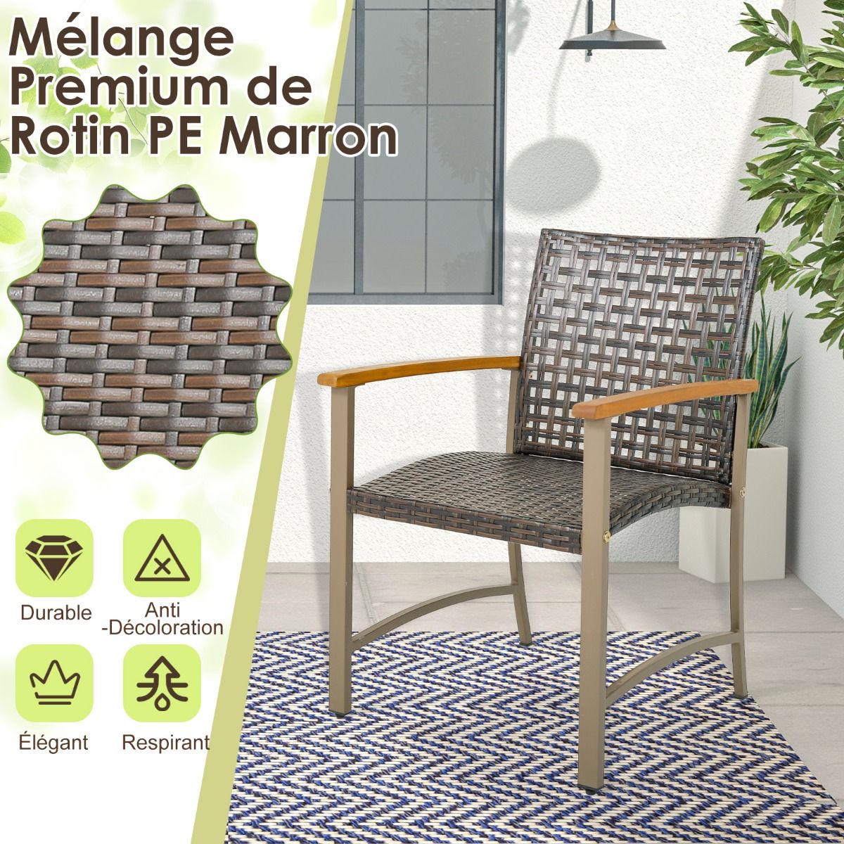 Ensemble de 4 Chaises en Rotin pour l'Extérieur Chaises avec Accoudoirs en Bois d'Acacia Structure Métallique Robuste Chaises Ergonomiques -