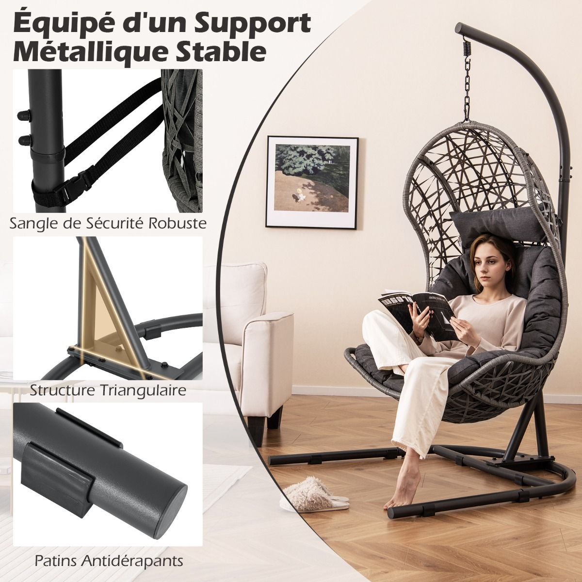 Chaise Oeuf en Rotin PE avec Support avec Oreiller et Coussin Chaise Suspendue avec Accessoires de Suspension Capacit 160 Kg Gris -
