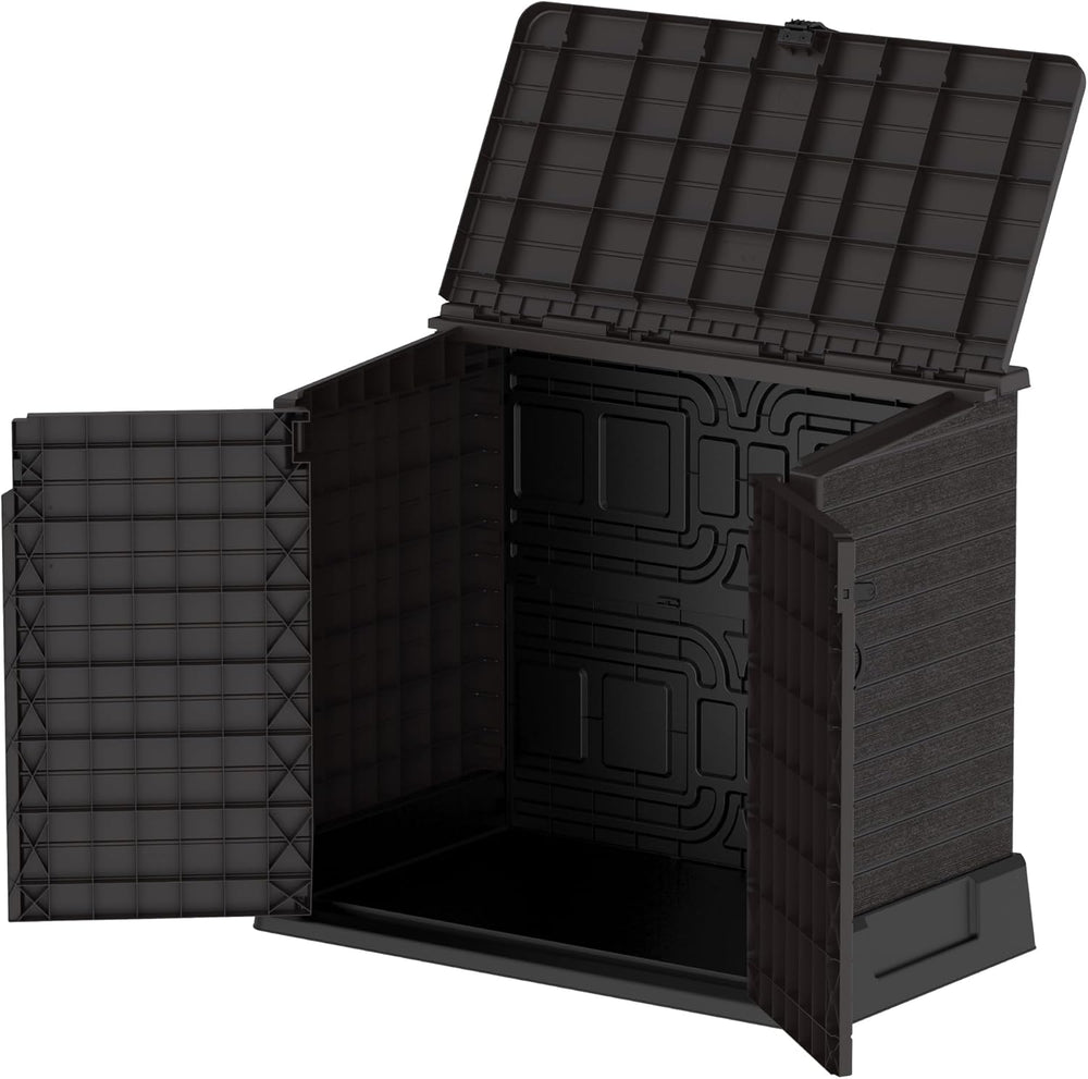 Duramax StoreAway 1200L Plastic Garden Shed/ Flat Lid,Outdoor Storage Shed,Wheelie Bin Hideaways,Wheelie bin box,Durable Construction,Ideal for Bikes,BBQs & 2x 240L Bins,145x85x125 cm,Brown