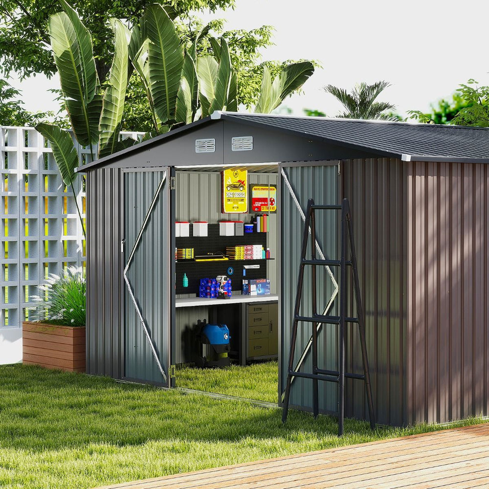 Abri de Stockage Extrieur Grand Hangar  Outils avec Design de Toit Inclin Portes Fermables avec Cls 4 Arations 350x350x198cm Gris -