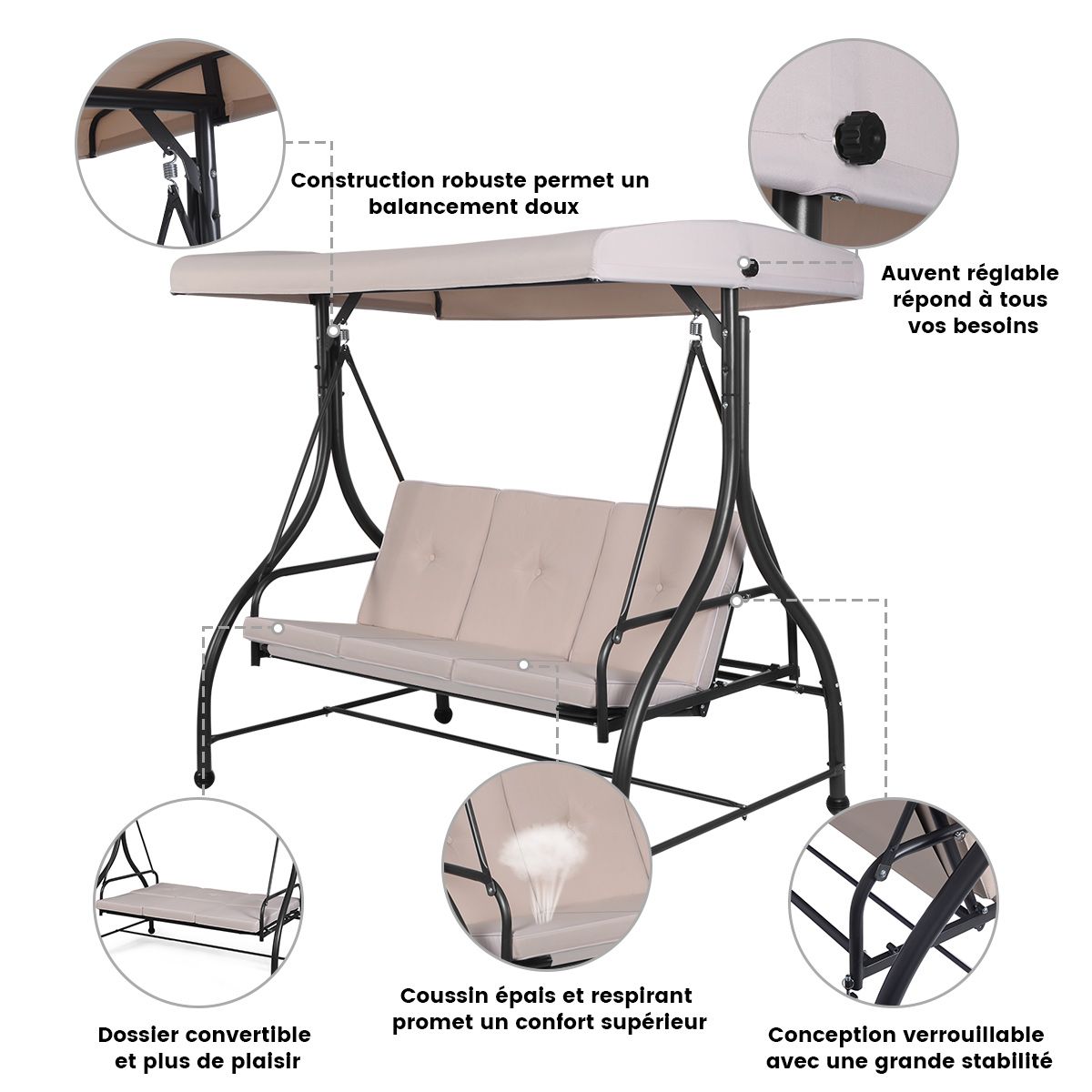 Balancelle d'Extérieur Convertible Jardin Porche Avec Sièges à Coussins Auvent Réglable et Cadre en Métal Enduit Hamac 3 Places Beige -