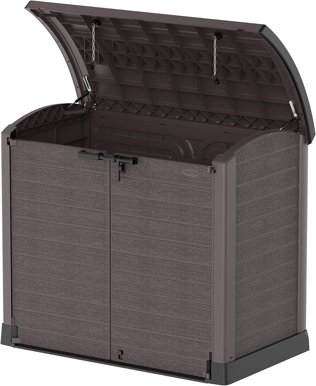 Duramax StoreAway 1200L Plastic Garden Shed/ Flat Lid,Outdoor Storage Shed,Wheelie Bin Hideaways,Wheelie bin box,Durable Construction,Ideal for Bikes,BBQs & 2x 240L Bins,145x85x125 cm,Brown