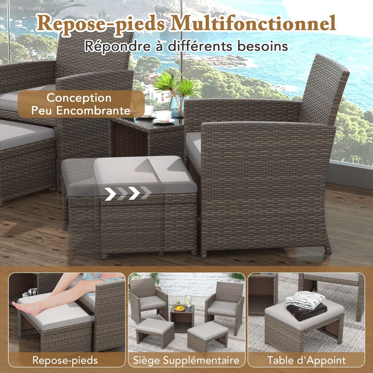 Ensemble Meuble de Salon 5PCS Salon de Jardin en Rotin PE avec Coussin pour Balcon Piscine Terrasse Gris/Blanc -
