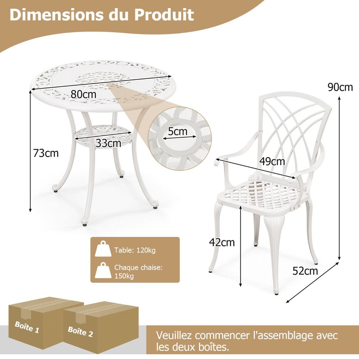 5 Pcs Salon de Jardin en Fonte d'Aluminium Trou pour Parasol Repose-pieds Réglables Ensemble de Table Ronde et 4 Chaises Blanc -