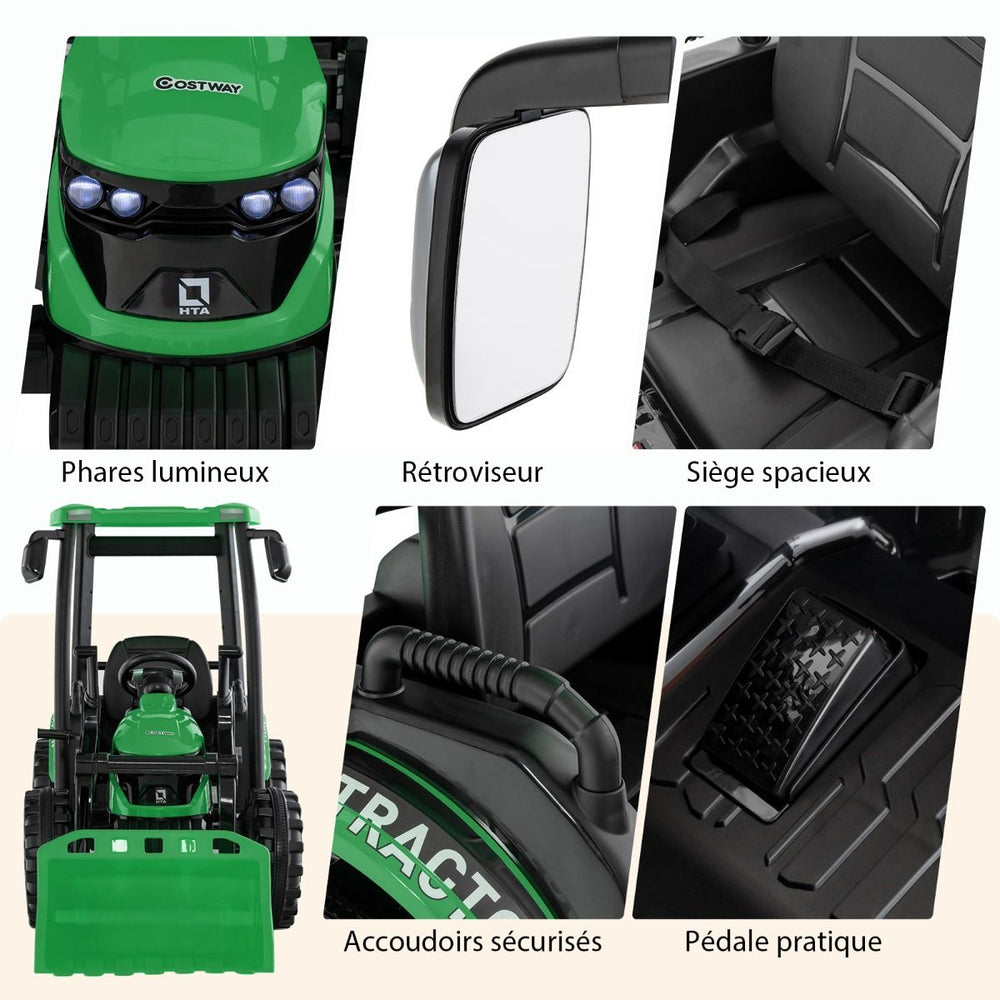 12V Tracteur lectrique Enfants avec Pelle&Remorque Amovible Vhicule lectrique  6 Roues avec Tlcommande & Musique 3-6 km/h pour 3-8 Ans Jaune/Vert -