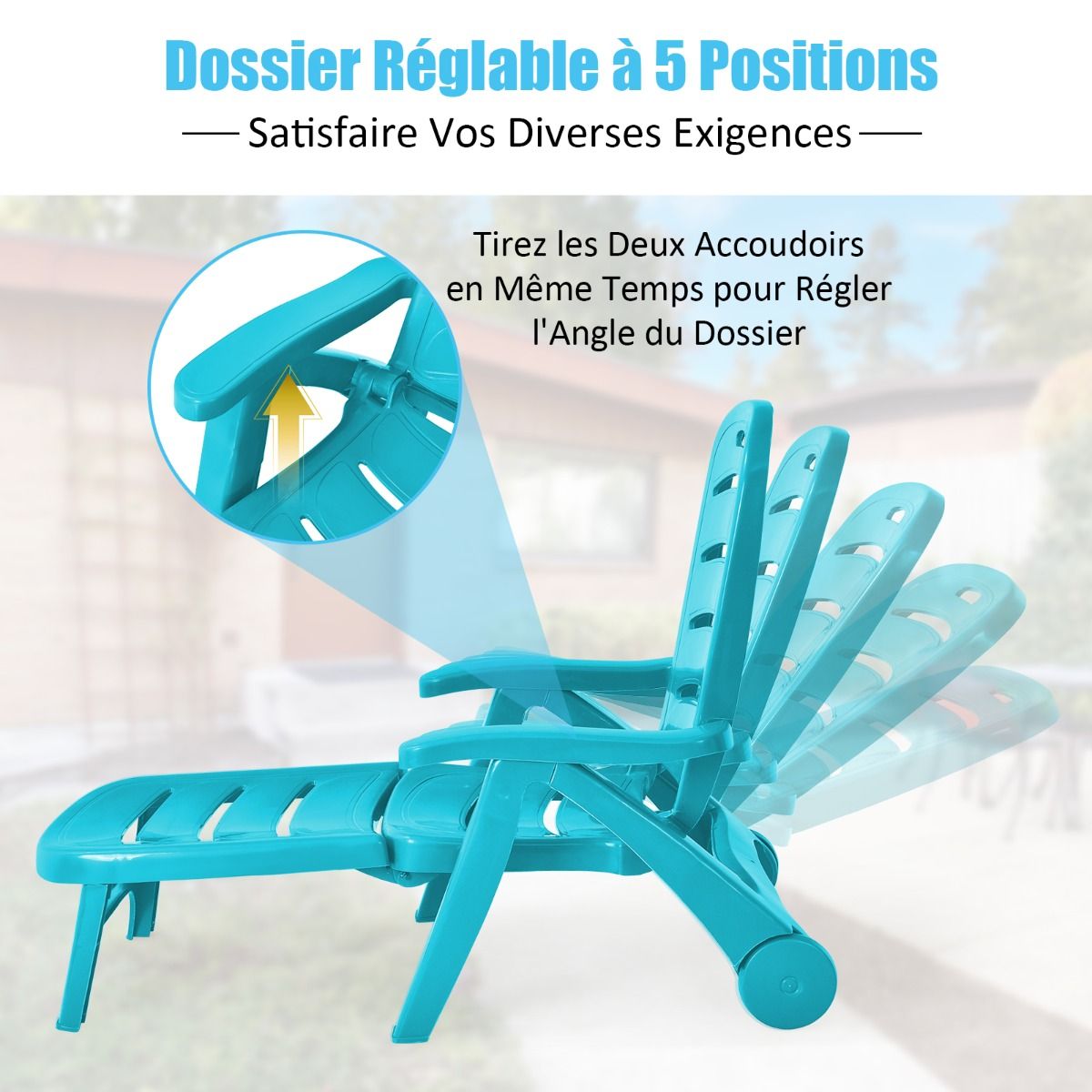Chaise Longue Pliable Dossier Inclinable à 5 Positions avec Roues Intégrées pour Terrasse Jardin Piscine 150 kg Gris/Blanc/Bleu -