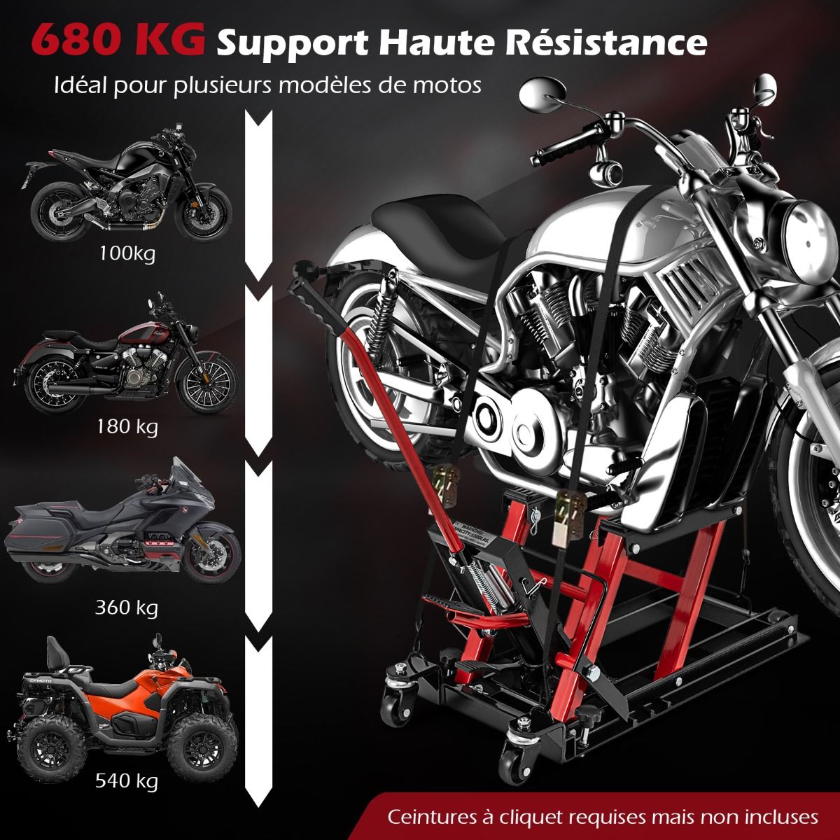 Cric Hydraulique pour Moto Capacité de 680 kg Table Élévatrice Moto Plateforme Réglable en Hauteur sur 3 Niveaux Rouge/Noir -